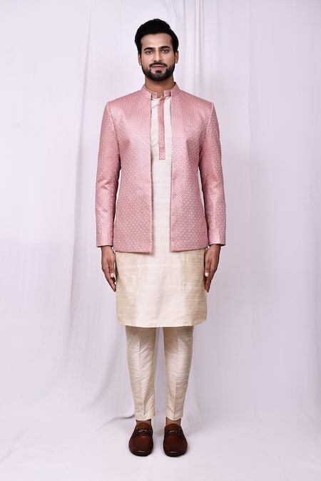 Shop_Arihant Rai Sinha_Pink Cotton, Silk Sequins Embroidered Jacket Kurta Set_Online_at_Aza_Fashions