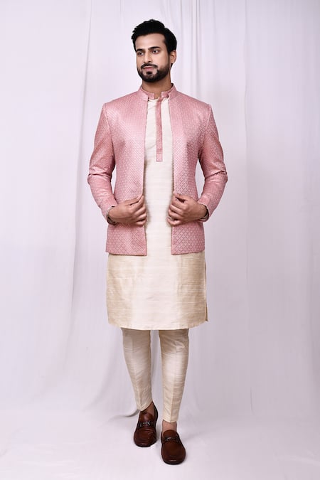 Shop_Arihant Rai Sinha_Pink Cotton, Silk Sequins Embroidered Jacket Kurta Set