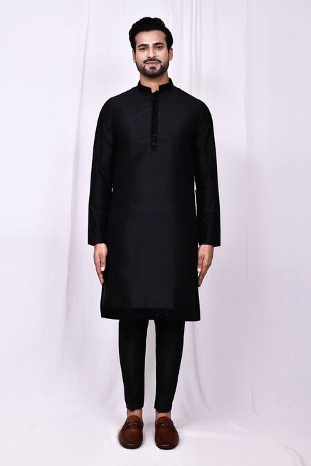 Buy_Arihant Rai Sinha_Black Velvet, Silk Embroidery Tonal Floral Jaal Jacket Kurta Set _Online_at_Aza_Fashions