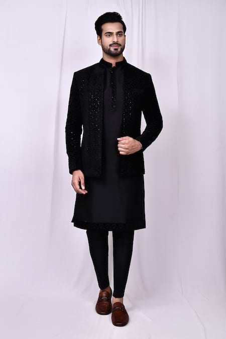 Shop_Arihant Rai Sinha_Black Velvet, Silk Embroidery Tonal Floral Jaal Jacket Kurta Set 