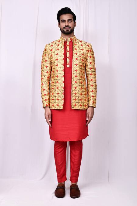 Shop_Arihant Rai Sinha_Gold Silk Embroidery Floral Quatrefoil Jacket Kurta Set _Online_at_Aza_Fashions