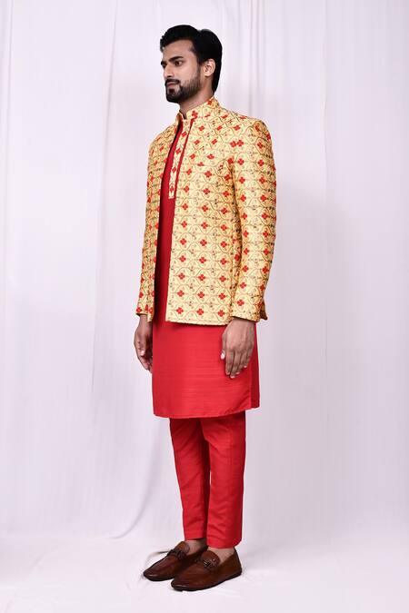 Arihant Rai Sinha_Gold Silk Embroidery Floral Quatrefoil Jacket Kurta Set _at_Aza_Fashions