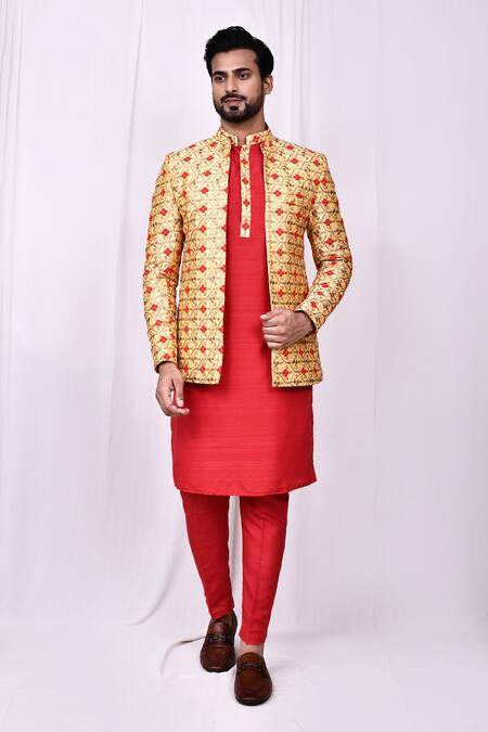 Shop_Arihant Rai Sinha_Gold Silk Embroidery Floral Quatrefoil Jacket Kurta Set 