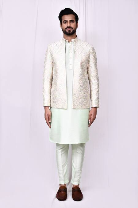 Shop_Arihant Rai Sinha_Green Silk Embroidery Flower Quatrefoil Jacket Kurta Set _Online_at_Aza_Fashions