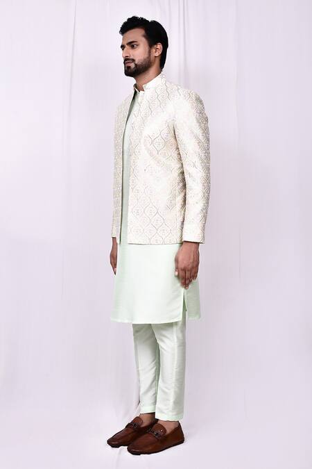 Arihant Rai Sinha_Green Silk Embroidery Flower Quatrefoil Jacket Kurta Set _at_Aza_Fashions