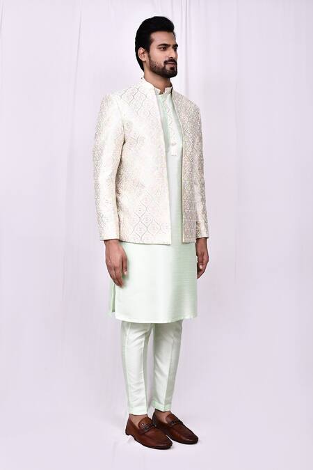 Buy_Arihant Rai Sinha_Green Silk Embroidery Flower Quatrefoil Jacket Kurta Set 