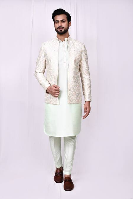Shop_Arihant Rai Sinha_Green Silk Embroidery Flower Quatrefoil Jacket Kurta Set 