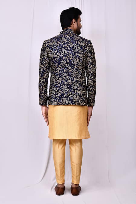 Shop_Arihant Rai Sinha_Blue Silk Embroidery, Zari Floral Jaal Jacket Kurta Set _at_Aza_Fashions