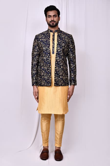 Shop_Arihant Rai Sinha_Blue Silk Embroidery, Zari Floral Jaal Jacket Kurta Set _Online_at_Aza_Fashions