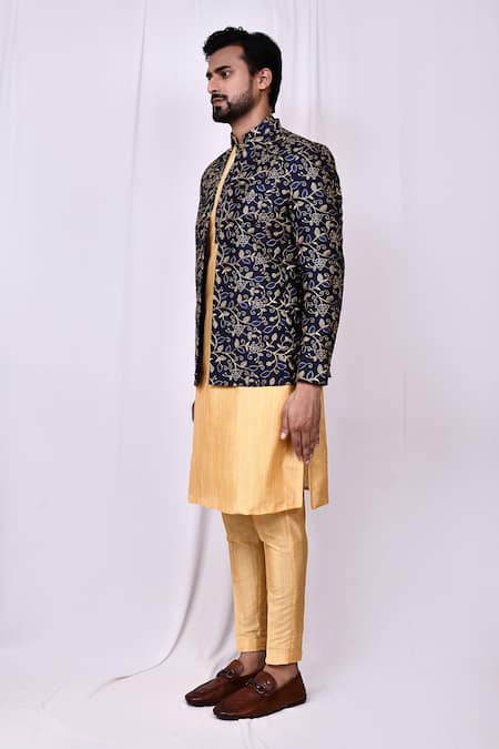 Arihant Rai Sinha_Blue Silk Embroidery, Zari Floral Jaal Jacket Kurta Set _at_Aza_Fashions