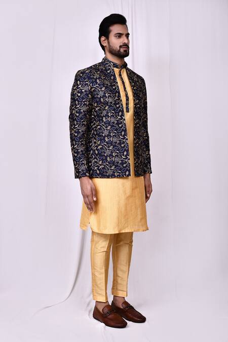 Buy_Arihant Rai Sinha_Blue Silk Embroidery, Zari Floral Jaal Jacket Kurta Set 