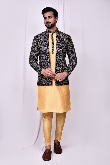 Shop_Arihant Rai Sinha_Blue Silk Embroidery, Zari Floral Jaal Jacket Kurta Set 
