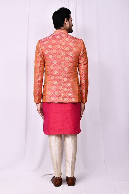 Shop_Arihant Rai Sinha_Pink Jacquard, Silk Embroidery Floral Mandala Jaal Pattern Jacket Kurta Set _at_Aza_Fashions