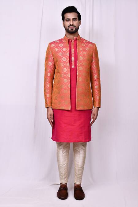 Shop_Arihant Rai Sinha_Pink Jacquard, Silk Embroidery Floral Mandala Jaal Pattern Jacket Kurta Set _Online_at_Aza_Fashions