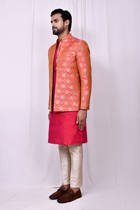 Arihant Rai Sinha_Pink Jacquard, Silk Embroidery Floral Mandala Jaal Pattern Jacket Kurta Set _at_Aza_Fashions