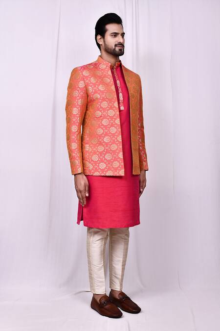 Buy_Arihant Rai Sinha_Pink Jacquard, Silk Embroidery Floral Mandala Jaal Pattern Jacket Kurta Set 