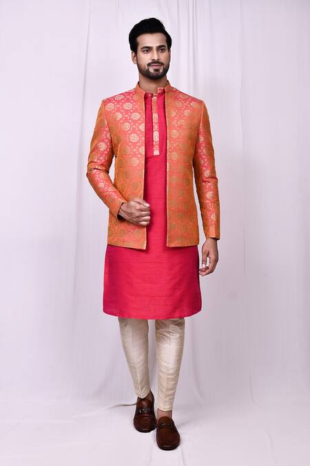 Shop_Arihant Rai Sinha_Pink Jacquard, Silk Embroidery Floral Mandala Jaal Pattern Jacket Kurta Set 