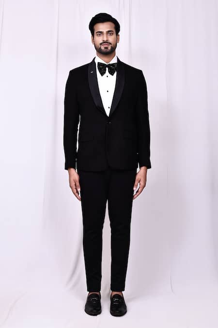 Buy_Arihant Rai Sinha_Black Satin, Rayon Embroidery Faded Floral Pattern Tuxedo Pant Set _Online_at_Aza_Fashions