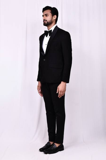 Shop_Arihant Rai Sinha_Black Satin, Rayon Embroidery Faded Floral Pattern Tuxedo Pant Set _Online_at_Aza_Fashions