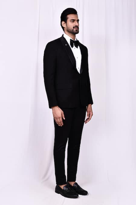 Arihant Rai Sinha_Black Satin, Rayon Embroidery Faded Floral Pattern Tuxedo Pant Set _at_Aza_Fashions