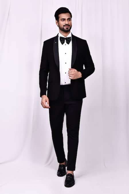 Buy_Arihant Rai Sinha_Black Satin, Rayon Embroidery Faded Floral Pattern Tuxedo Pant Set 