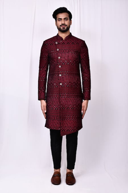 Shop_Arihant Rai Sinha_Red Velvet, Silk Sequins, Embroidery Thread Work Sherwani And Pant Set _Online_at_Aza_Fashions
