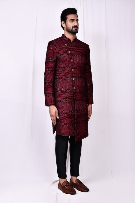 Buy_Arihant Rai Sinha_Red Velvet, Silk Sequins, Embroidery Thread Work Sherwani And Pant Set 