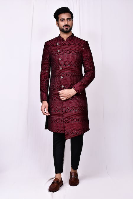 Shop_Arihant Rai Sinha_Red Velvet, Silk Sequins, Embroidery Thread Work Sherwani And Pant Set 