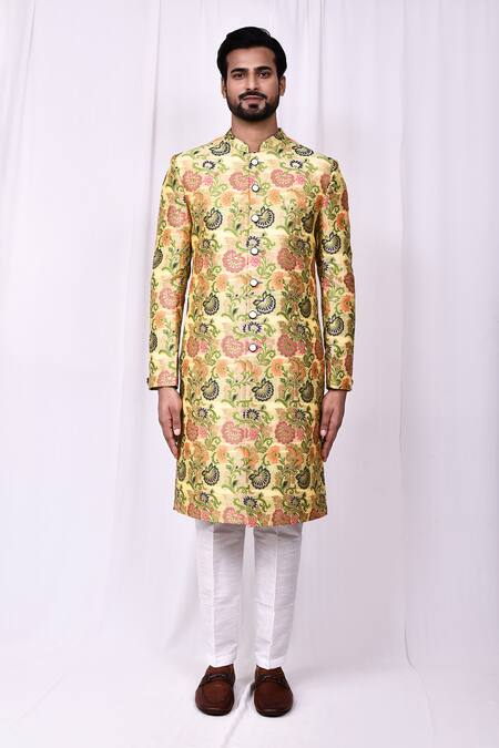 Buy_Arihant Rai Sinha_Yellow Velvet, Silk Embroidery Floral Woven Jacquard Sherwani And Pant Set _Online_at_Aza_Fashions