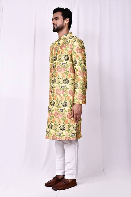 Shop_Arihant Rai Sinha_Yellow Velvet, Silk Embroidery Floral Woven Jacquard Sherwani And Pant Set _Online_at_Aza_Fashions