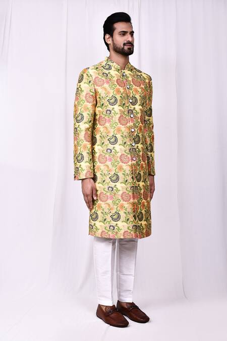 Arihant Rai Sinha_Yellow Velvet, Silk Embroidery Floral Woven Jacquard Sherwani And Pant Set _at_Aza_Fashions