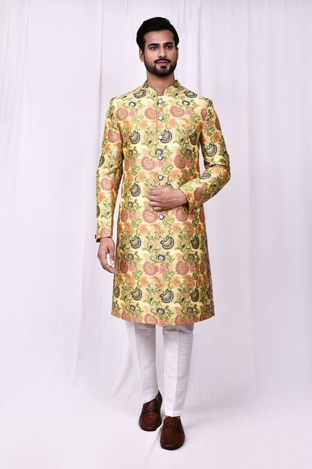 Buy_Arihant Rai Sinha_Yellow Velvet, Silk Embroidery Floral Woven Jacquard Sherwani And Pant Set 