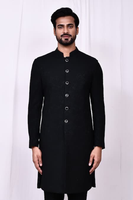 Buy_Arihant Rai Sinha_Black Jacquard, Silk Woven Sherwani And Pant Set _Online_at_Aza_Fashions
