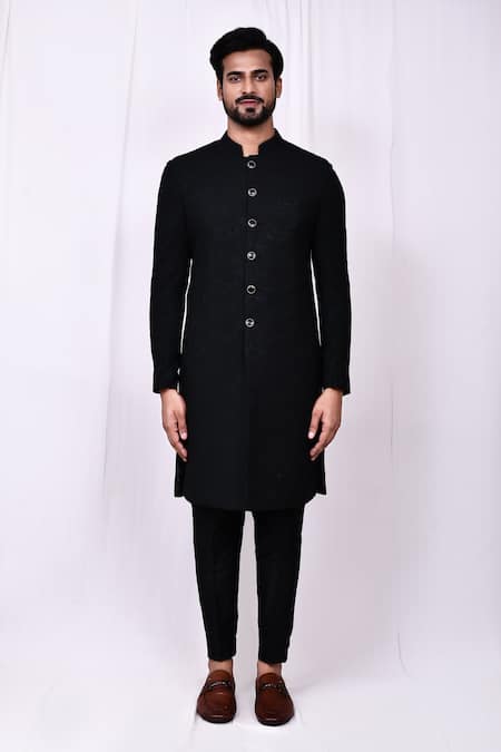 Shop_Arihant Rai Sinha_Black Jacquard, Silk Woven Sherwani And Pant Set _Online_at_Aza_Fashions