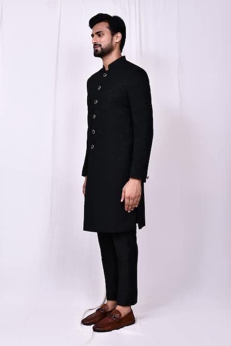 Arihant Rai Sinha_Black Jacquard, Silk Woven Sherwani And Pant Set _at_Aza_Fashions