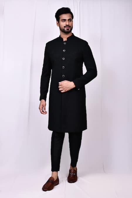 Shop_Arihant Rai Sinha_Black Jacquard, Silk Woven Sherwani And Pant Set 