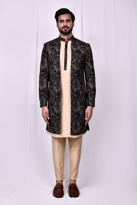 Arihant Rai Sinha_Maroon Jacquard, Silk Embroidery Woven Jacket Pant Set _at_Aza_Fashions