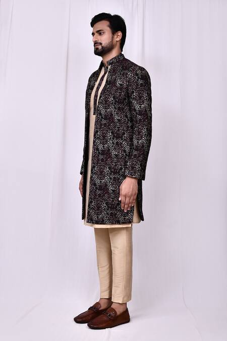 Buy_Arihant Rai Sinha_Maroon Jacquard, Silk Embroidery Woven Jacket Pant Set 
