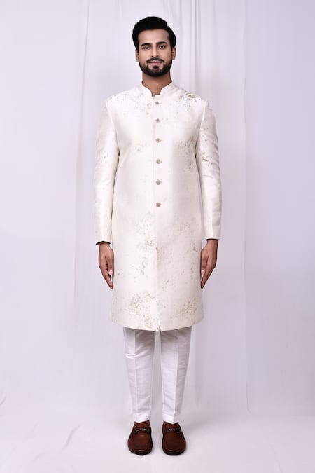Buy_Arihant Rai Sinha_Cream Velvet, Silk Embroidery Sherwani Pant Set _Online_at_Aza_Fashions