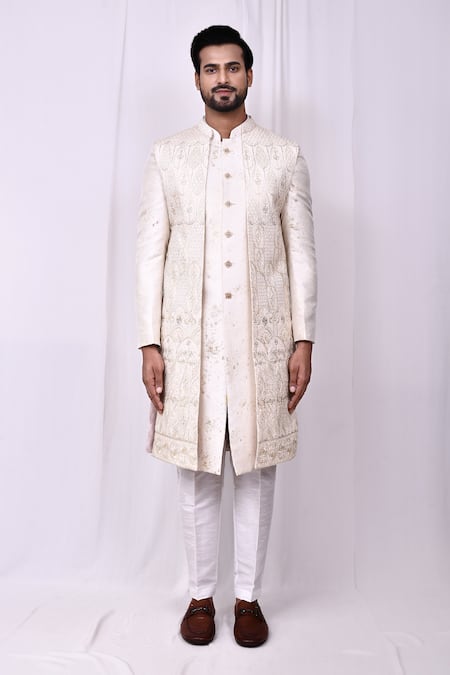 Arihant Rai Sinha_Cream Velvet, Silk Embroidery Sherwani Pant Set _at_Aza_Fashions