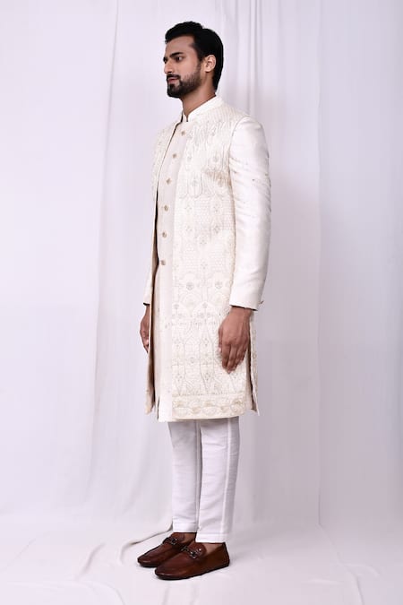 Buy_Arihant Rai Sinha_Cream Velvet, Silk Embroidery Sherwani Pant Set 