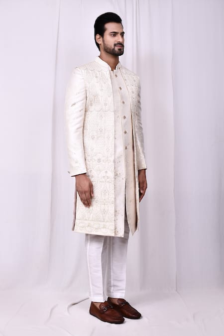 Shop_Arihant Rai Sinha_Cream Velvet, Silk Embroidery Sherwani Pant Set 