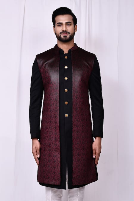 Shop_Arihant Rai Sinha_Black Silk, Cotton Woven Jacket Kurta Set _Online_at_Aza_Fashions
