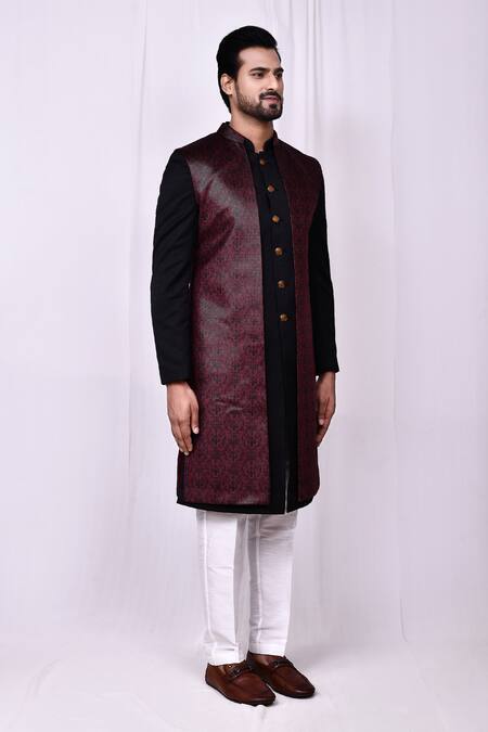 Shop_Arihant Rai Sinha_Black Silk, Cotton Woven Jacket Kurta Set 