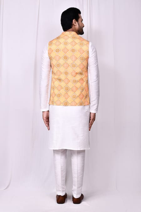 Shop_Arihant Rai Sinha_Yellow Georgette Geometric Print Bundi Jacket _at_Aza_Fashions