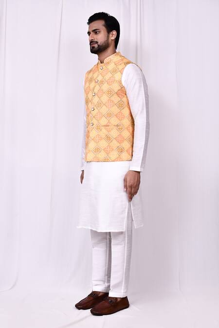 Buy_Arihant Rai Sinha_Yellow Georgette Geometric Print Bundi Jacket _Online_at_Aza_Fashions