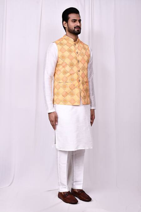 Shop_Arihant Rai Sinha_Yellow Georgette Geometric Print Bundi Jacket _Online_at_Aza_Fashions