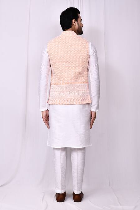 Shop_Arihant Rai Sinha_Orange Cotton Embroidery Bundi Jacket _at_Aza_Fashions