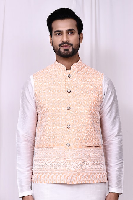 Arihant Rai Sinha_Orange Cotton Embroidery Bundi Jacket _Online_at_Aza_Fashions
