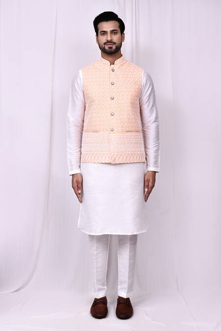 Buy_Arihant Rai Sinha_Orange Cotton Embroidery Bundi Jacket _Online_at_Aza_Fashions